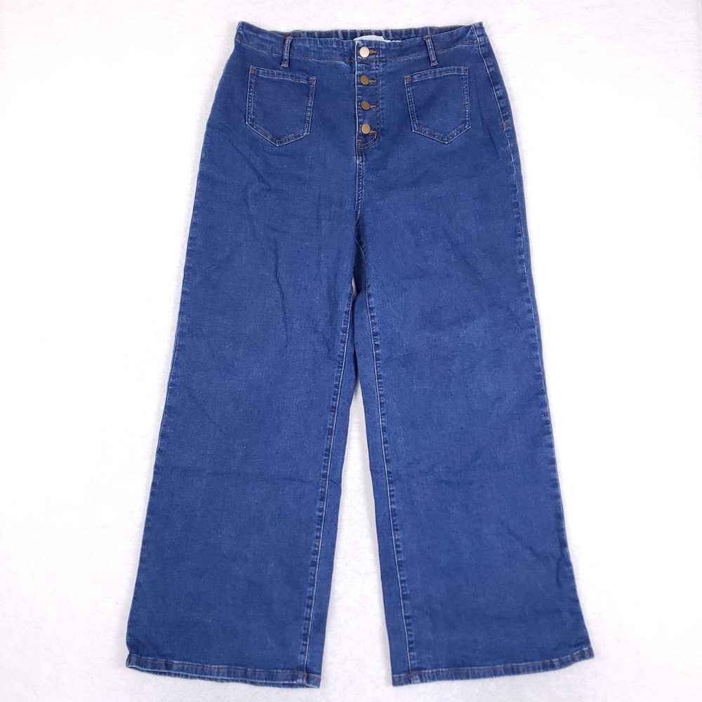High Waisted Wide Leg Jeans 33x29 Button Fly Sailor Retro Patch Pocket